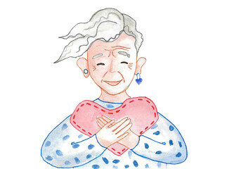 A person with a healthy self-image. Elderly woman hugs her heart. Hand drawn watercolor illustration isolated on white background