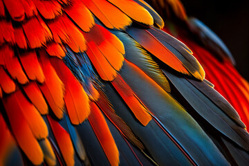 Fototapeta premium Scarlet macaw bird's colorful feather. Abstract background. Generative ai.