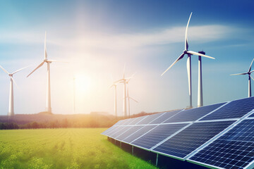 Renewable energy concept, photovoltaic panels and wind turbines in the light of the rising sun