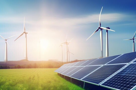 Renewable energy concept, photovoltaic panels and wind turbines in the light of the rising sun
