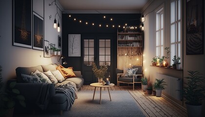 Scandinavian style living room interior at night with strings of light. Generative AI