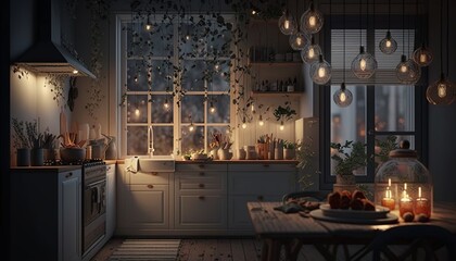 Scandinavian interior style kitchen at night with strings of light. Generative AI