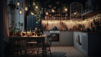 Fototapeta na wymiar Scandinavian interior style kitchen at night with strings of light. Generative AI