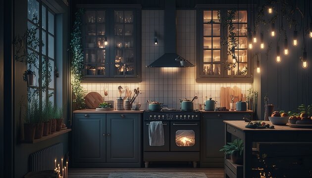 Scandinavian interior style kitchen at night with strings of light. Generative AI
