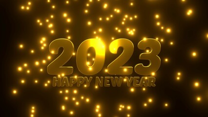 Happy New Year 2023 with golden falling particle on black background.