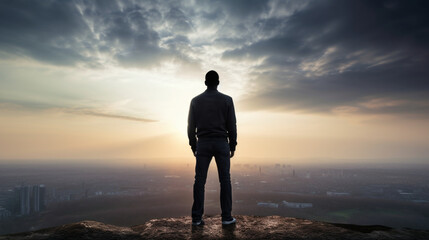 silhouette of person standing on top of mountain