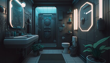Obraz premium Futuristic cyberpunk style bathroom interior with mirror and neon lights. Generative AI