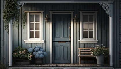 Scandinavian style house front door with steps and plants. Generative AI