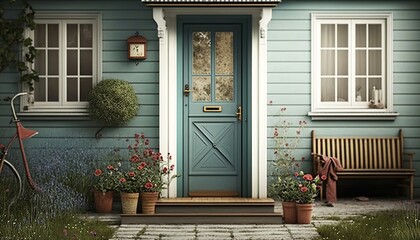 Fototapeta na wymiar Scandinavian style house front door with steps and plants. Generative AI