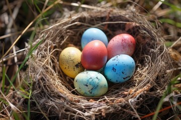 Naklejka na ściany i meble birds nest with eggs on a bed of grass. Generative AI