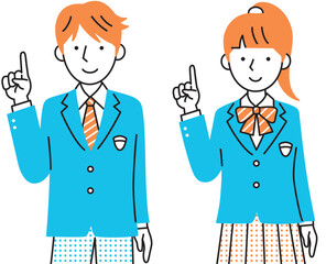 Fototapeta premium 制服を着て指差しする男女高校生 イラストセット