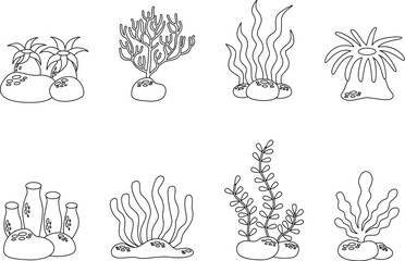 Set of cartoon black and white sea weeds and sea anemones.