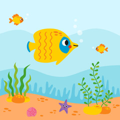 Naklejka na ściany i meble Vector illustration of cartoon yellow butterfly fish. underwater life.