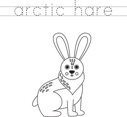Trace the letters and color cartoon arctic hare. Handwriting practice for kids.