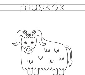 Trace the letters and color cartoon musk ox. Handwriting practice for kids.