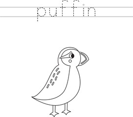 Trace the letters and color cartoon puffin. Handwriting practice for kids.