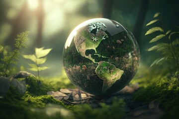 World environment and earth day concept with glass globe and eco friendly environment,  world earth day poster, banner, card,  APRIL 22, Saving the planet, environment,  Planet Earth, Generate Ai