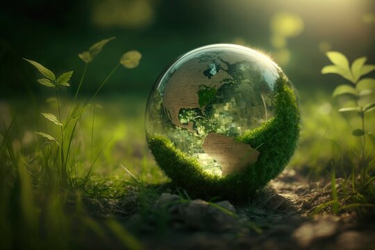 World environment and earth day concept with glass globe and eco friendly environment,  world earth day poster, banner, card,  APRIL 22, Saving the planet, environment,  Planet Earth, Generate Ai