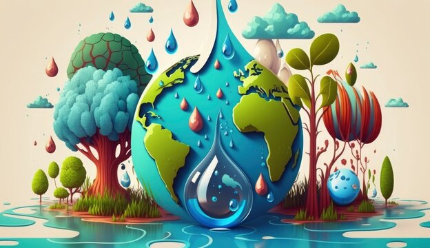 concept of ecology and world water day .Cartoon art, world earth day poster, banner, card,  APRIL 22, Saving the planet, environment,  Planet Earth, Generate Ai