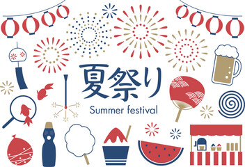 日本の夏祭りシンプルアイコンセット