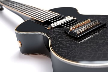Fototapeta na wymiar black guitar with a plain white background in close-up. Generative AI