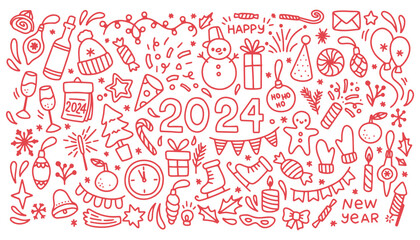 Naklejka premium New year doodle vector set. Christmas party related objects and elements fireworks, countdown, party, etc.