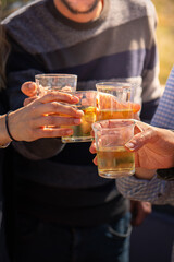 Detail of the hands of a group of four friends clinking their glasses of white wine and toasting to be together again on a sunny day by lighting up their glasses.