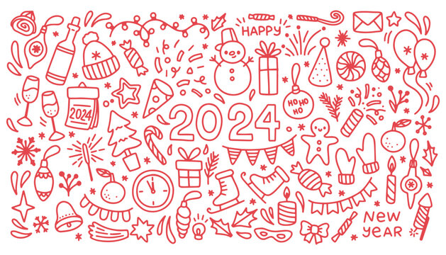 New year doodle vector set. Christmas party related objects and elements fireworks, countdown, party, etc.