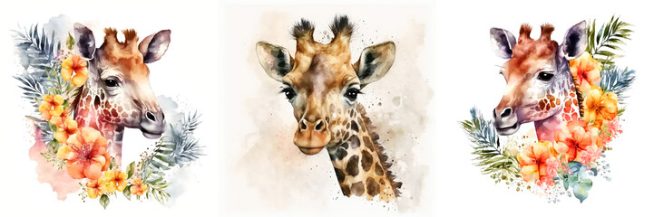 Obraz premium Watercolor giraffe with tropical flowers, generative ai illustrations