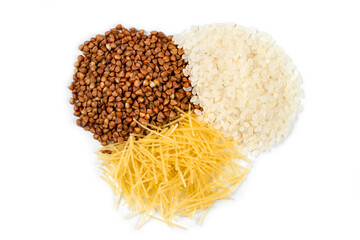 A set of cereals and pasta on a white background. Buckwheat, rice and pasta. Ingredients for cooking.