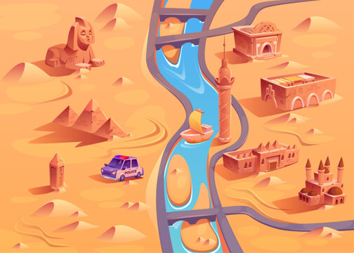 Egypt desert map background for game level scene cartoon illustration. Stylized mosque, temple and pyramid in sand hot enviroment with police car. Bridge and river near path through buildings in dune.