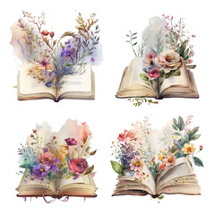 watercolor vintage books with spring flowers, generative ai