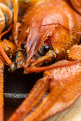 River boiled crayfish. Red cooked crayfish. Plate with crayfish.