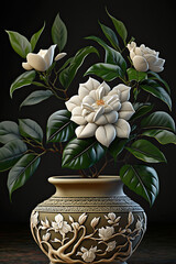 large ceramic flower pot with flower pattern in it a green houseplant with white large flowers created with Generative AI technology