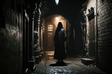 a dark alley in a side street, a man in black clothes is standing in it created with Generative AI technology