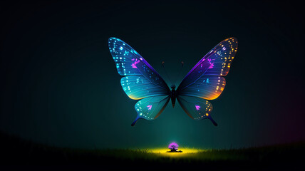 vivid illustration of a abstract bioluminescent butterfly with colorful wings on dark isolated background, generative AI