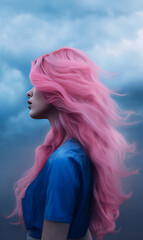 una foto de cuerpo completo de una Mujer con el pelo teñido de rosa y azul mirando al cielo con efecto psicodélico. IA Generativa