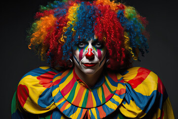 high quality clown costume, consists of a colorful wig and colorful striped clothes created with Generative AI technology
