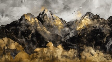 Grunge black golden watercolor mountains landscape. AI generated