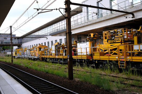 PARIS, FRANCE - AUGUST 28, 2022: Yellow Locomotiveof SNCF Infra,  SNCF Infra was the infrastructure division of SNCF, the former nationalised railway operator in France.