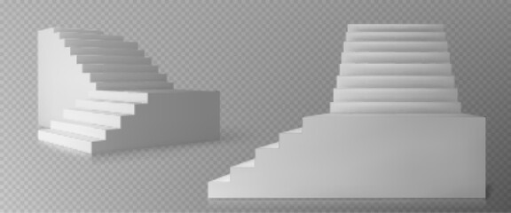 White isolated 3d vector staircase transparent background. Ladder illustration for interior design front view. Stage with step to growth. Modern creative podium construction mockup with shadow.