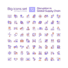 Disruption in global supply chain RGB color icons set. Distribution industry issues. Logistic service. Isolated vector illustrations. Simple filled line drawings collection. Editable stroke