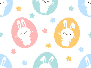Seamless pattern with bunny rabbit cartoons, Easter eggs and cute flower on white background vector illustration.