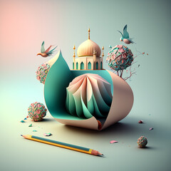 Mosque with pastel drawing, 3D, ramadhan theme