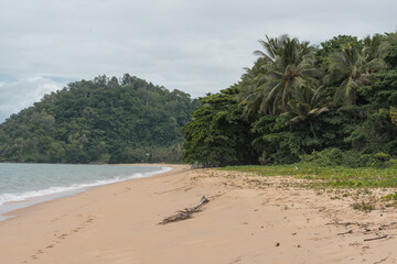 landscape of a typical far north Queensland beach. island and mountains in the background