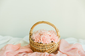 Wicker basket with pink carnation flowers on a white background.
