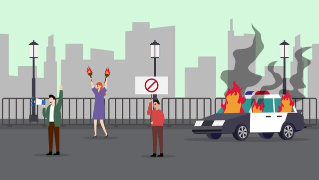 Burning police car, activists with flaming torches