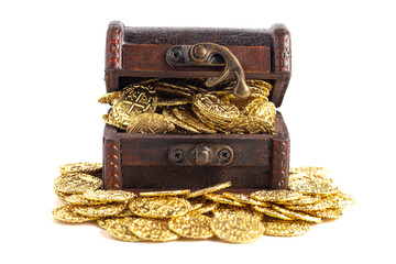 Treasure Chest Filled with Golden Coins on a White Background