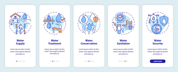 Fototapeta na wymiar Water management concepts onboarding mobile app screen. Walkthrough 5 steps editable graphic instructions with linear concepts. UI, UX, GUI template. Myriad Pro-Bold, Regular fonts used