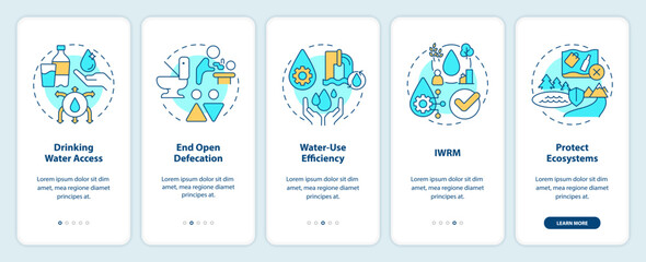 Clean water and sanitation onboarding mobile app screen. Walkthrough 5 steps editable graphic instructions with linear concepts. UI, UX, GUI template. Myriad Pro-Bold, Regular fonts used